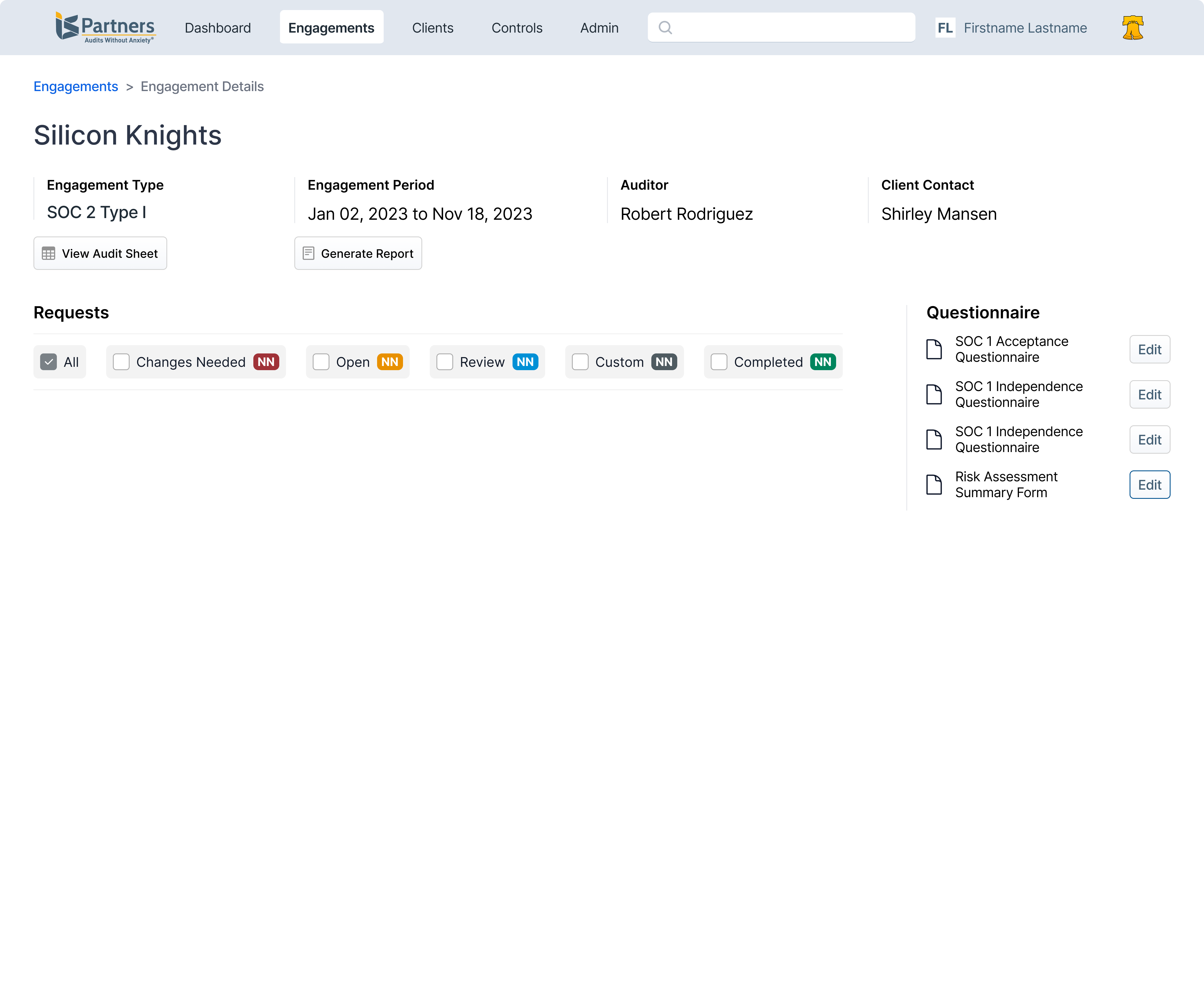 Wireframe of engagement detail with filter chips for each request state and a questionnaire panel.