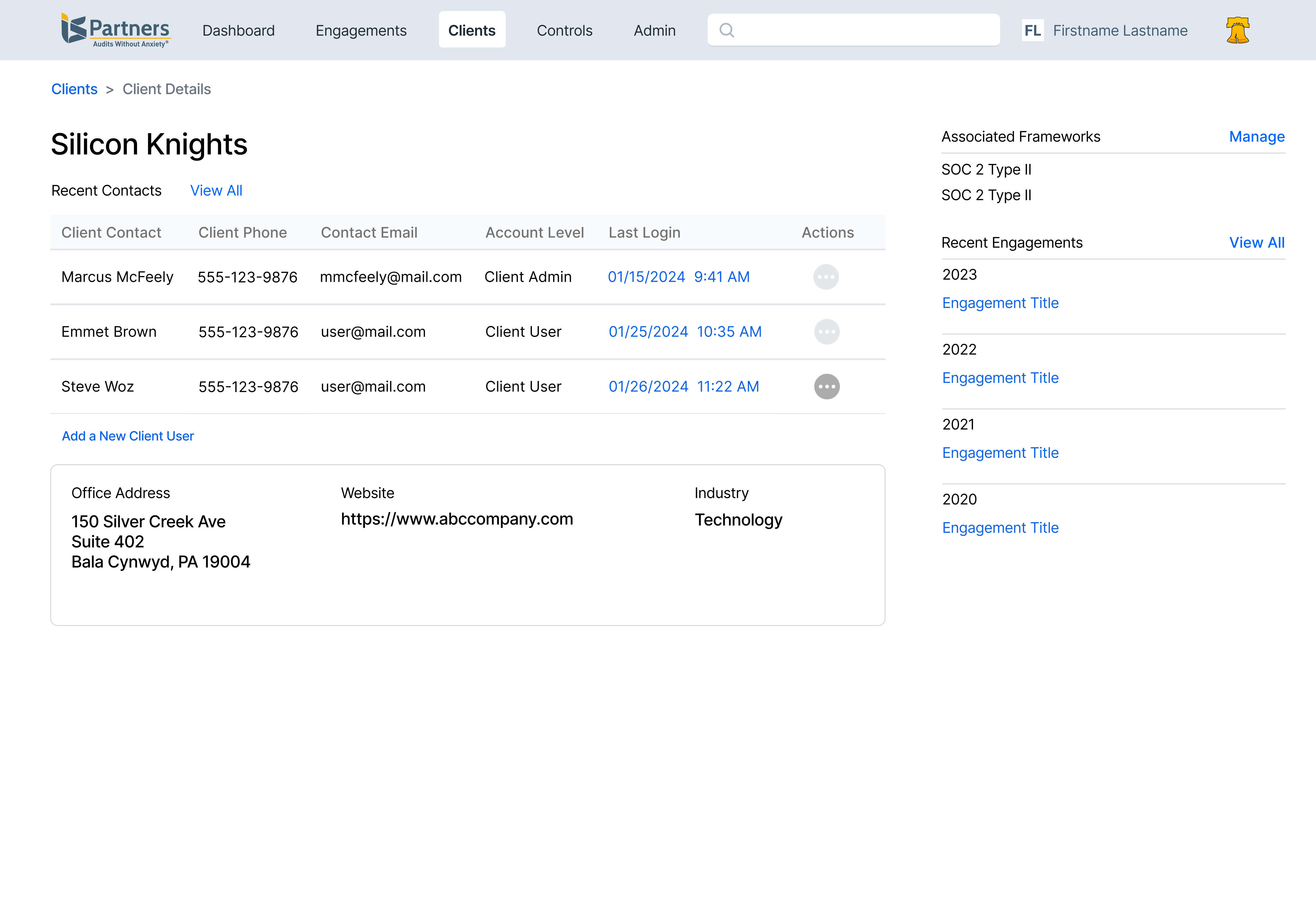 Wireframe of the client detail screen with recent contacts, account levels, associated frameworks and recent engagements by year.
