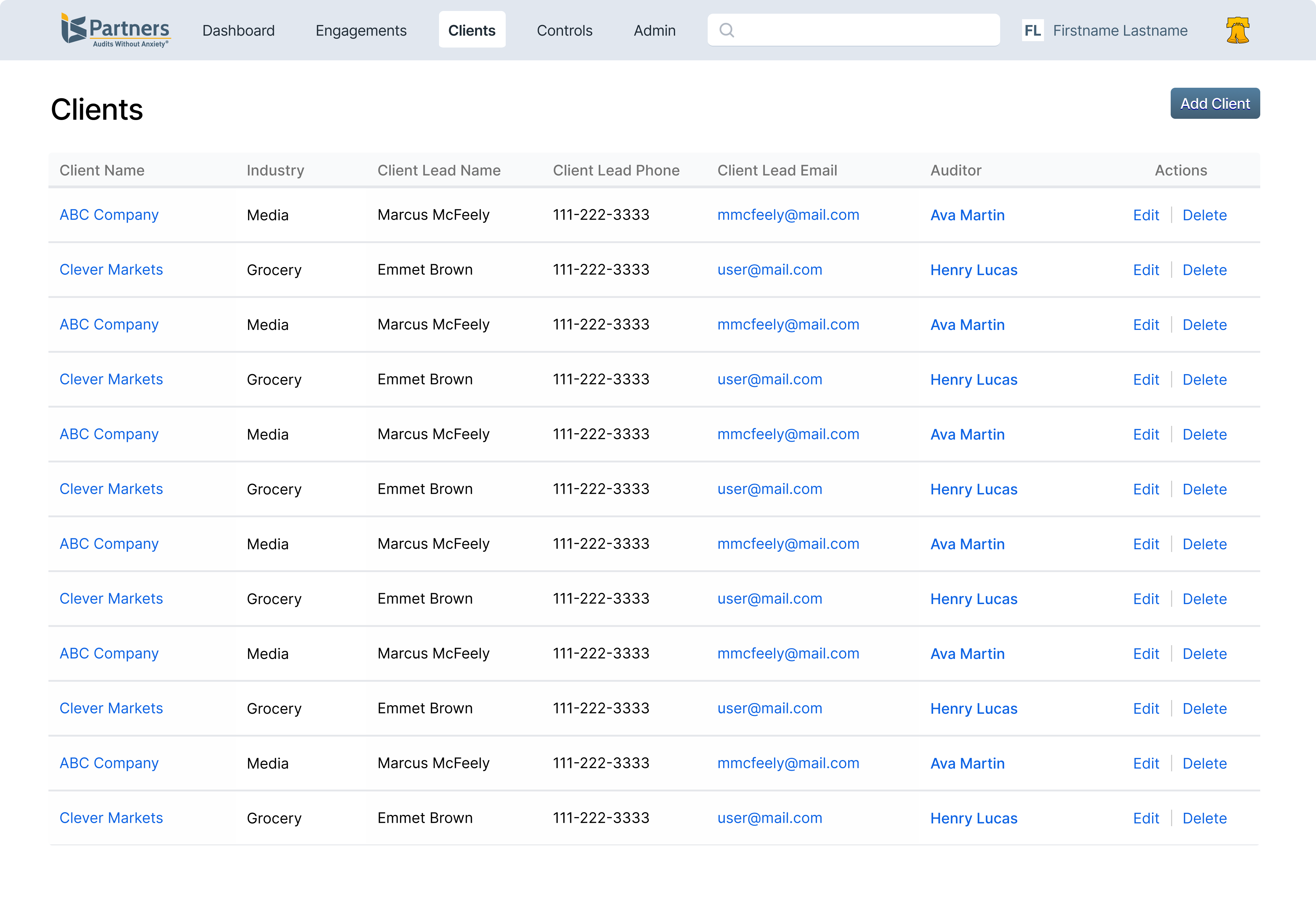Wireframe of the clients list with client lead, phone, email and assigned auditor columns.