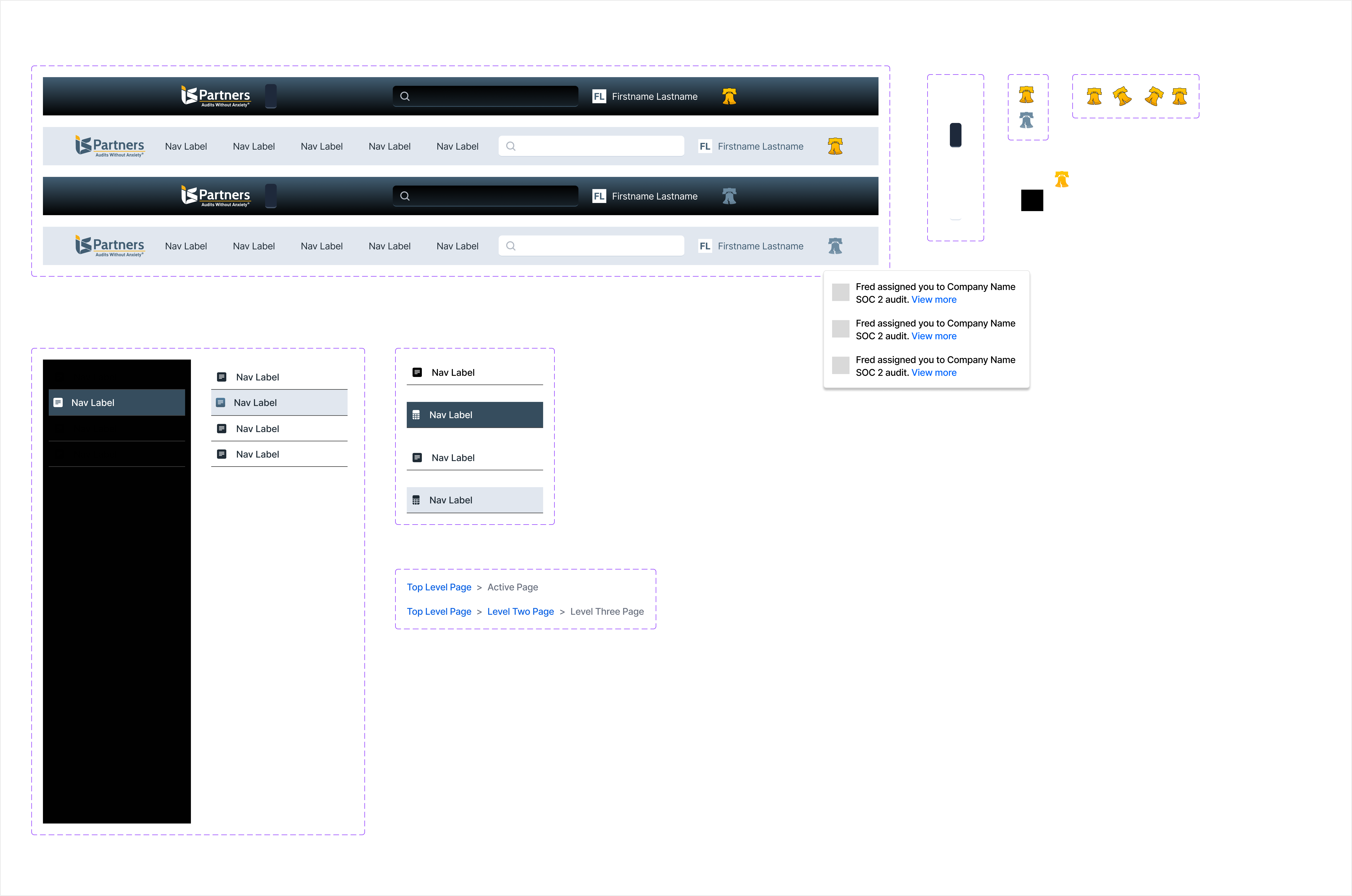 Navigation exploration showing light and dark header bars, mobile treatment, a notification dropdown, sidebar navigation patterns and breadcrumb levels.