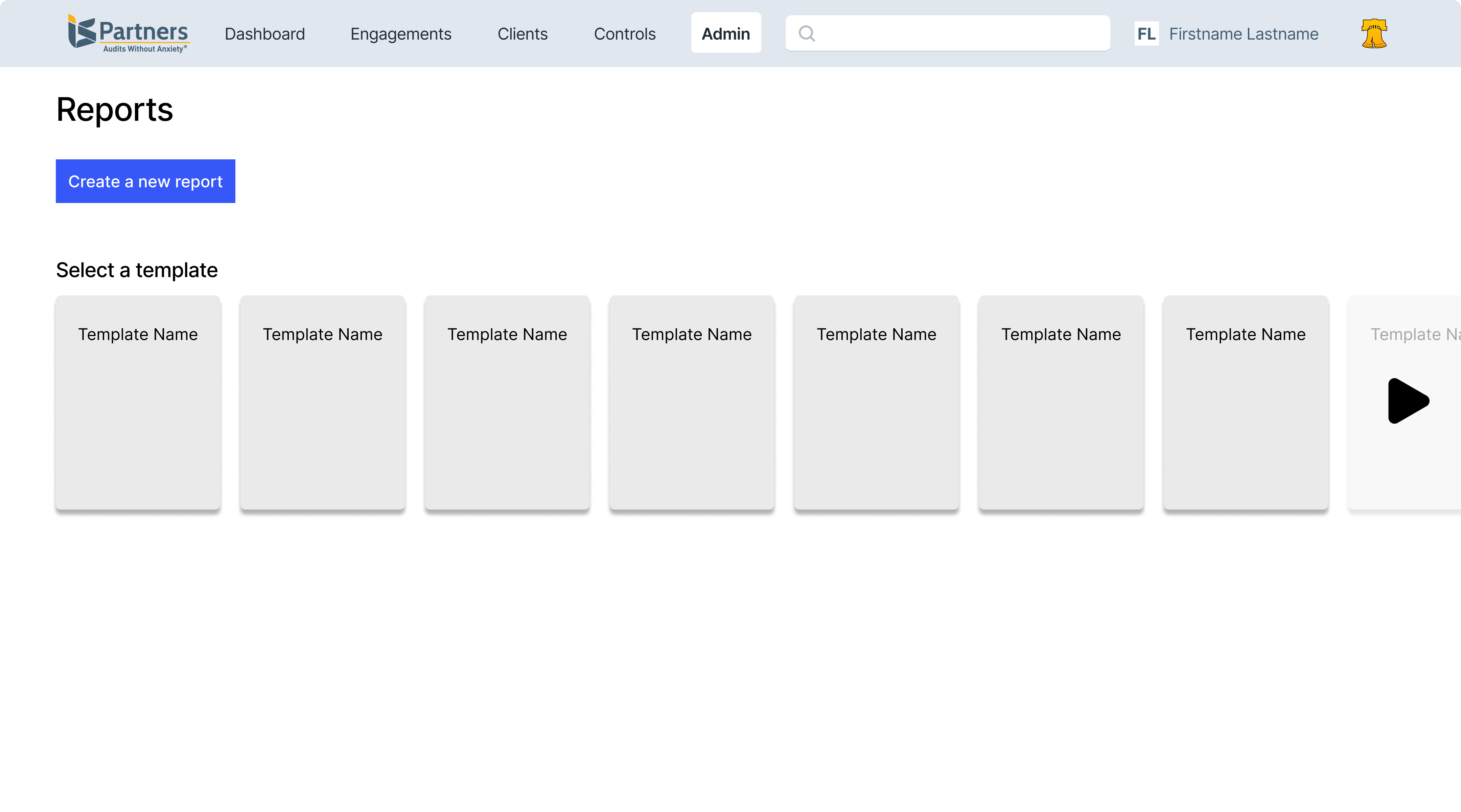 Report selection screen with a create a new report action and a horizontally scrolling row of report templates.